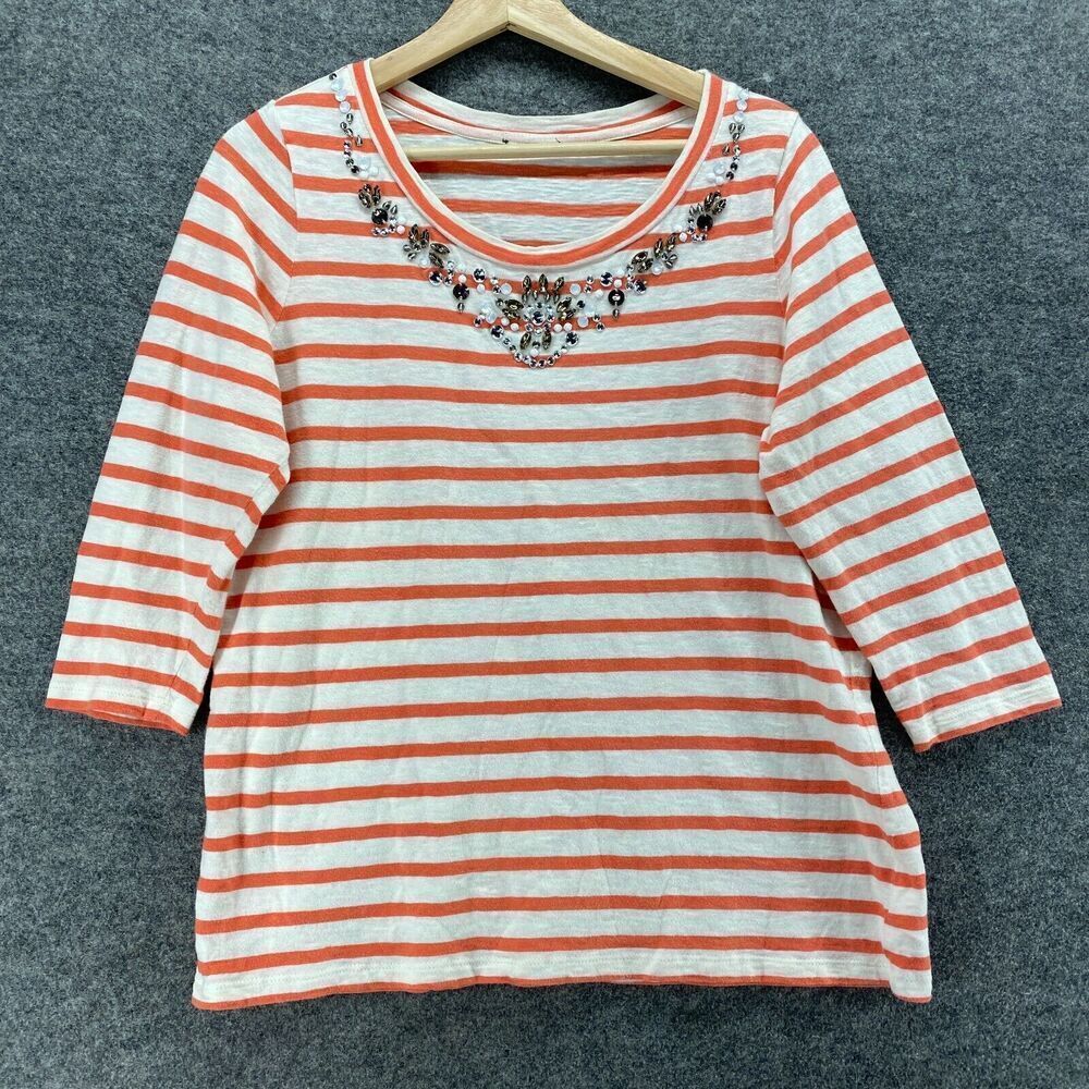 Unbranded T-Shirt Women 12/13 White Striped 3/4 Sleeve Rhinestone Cotton Casual